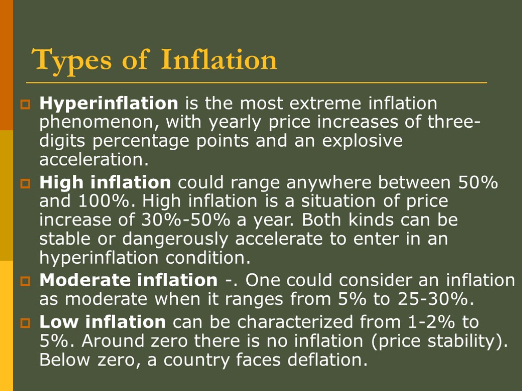 Types of Inflation Hyperinflation is the most extreme inflation phenomenon, with yearly price increases